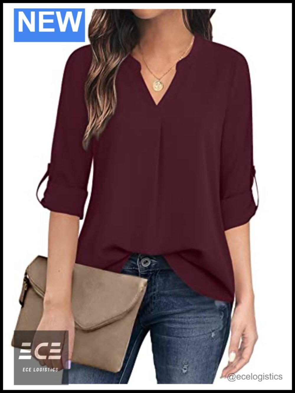Chiffon V Neck 3/4 Sleeve Blouse Top Pleated Curved Hem Wrinkle Free